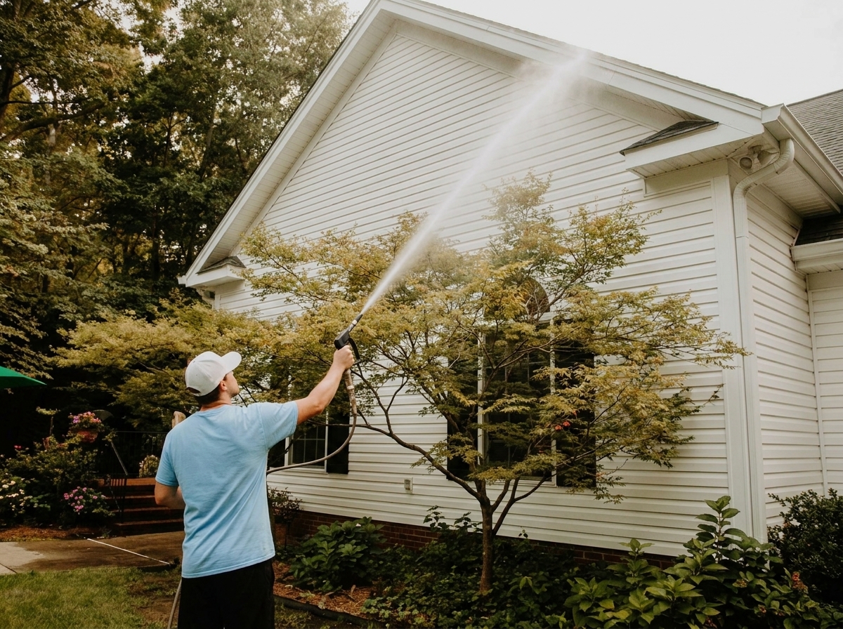 Technician soft washing home siding