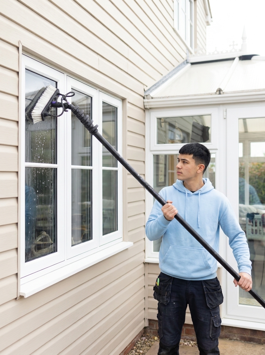 Technician cleaning residential windows with a water-fed pole
